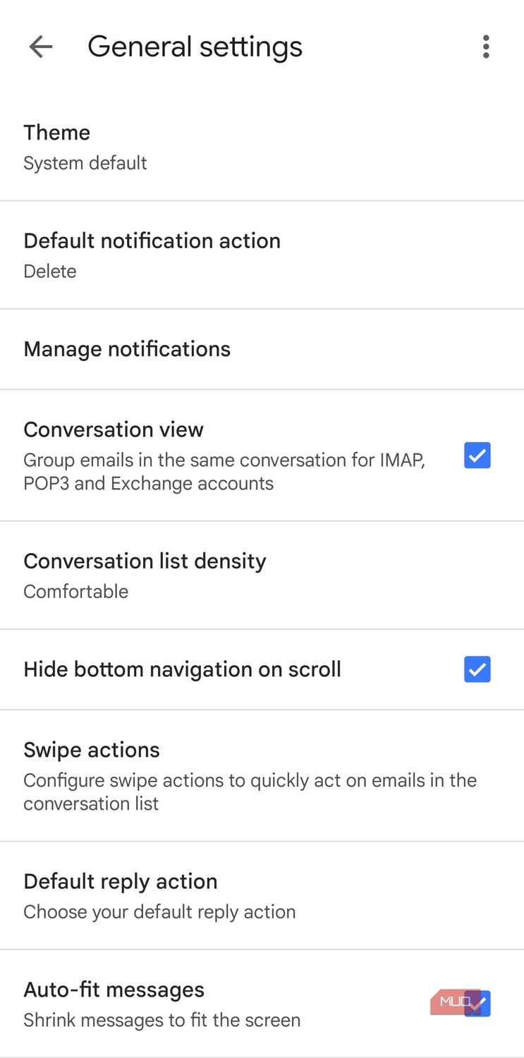 Gmail app general settings menu on Android phone