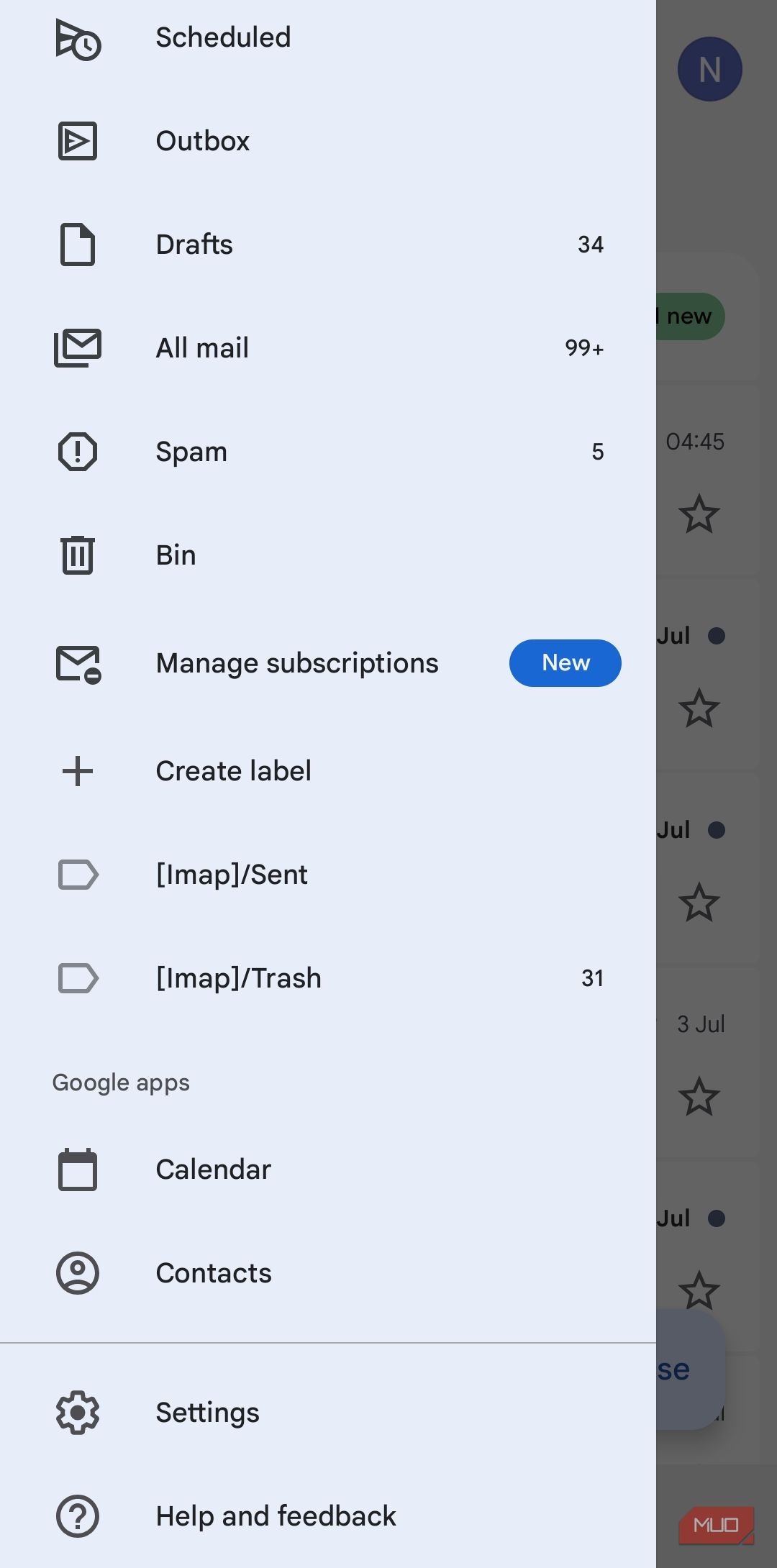 Gmail app menu on Android phone