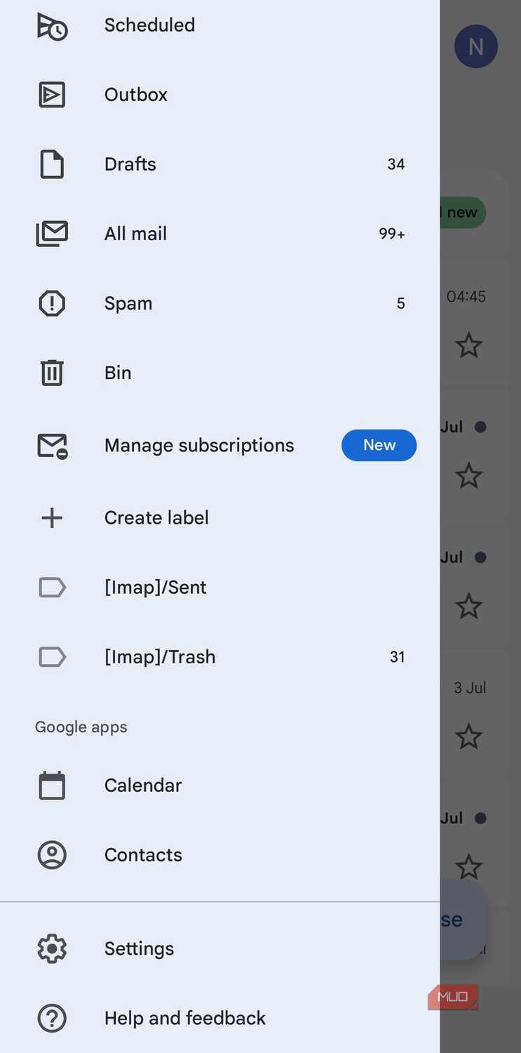 Gmail app menu on Android phone