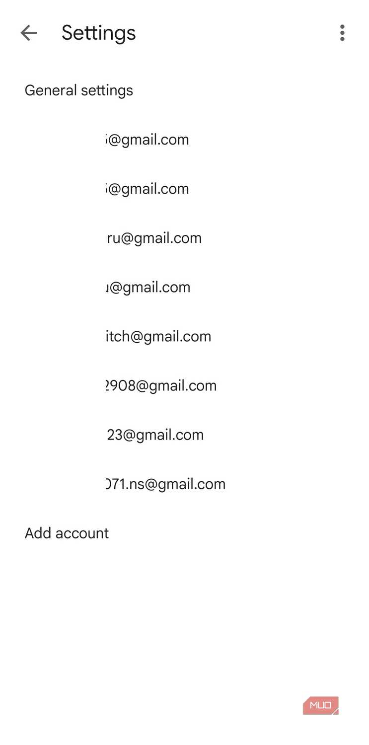 Gmail app settings menu on Android phone