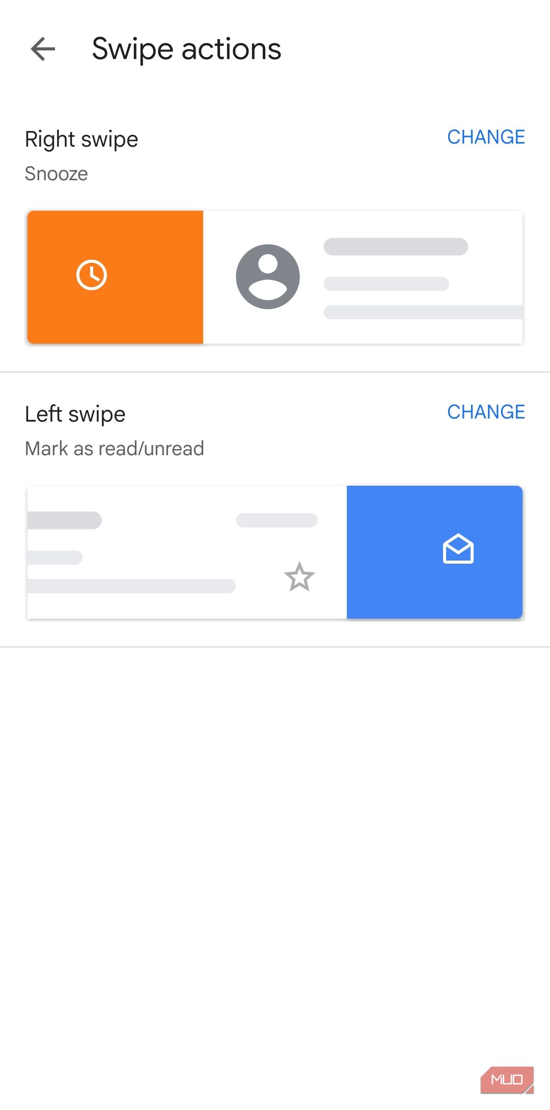 Gmail app swipe actions menu on Android phone