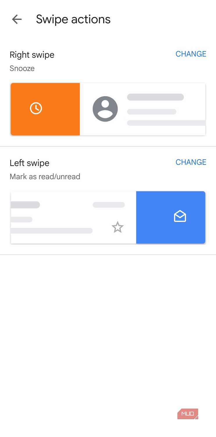 Gmail app swipe actions menu on Android phone