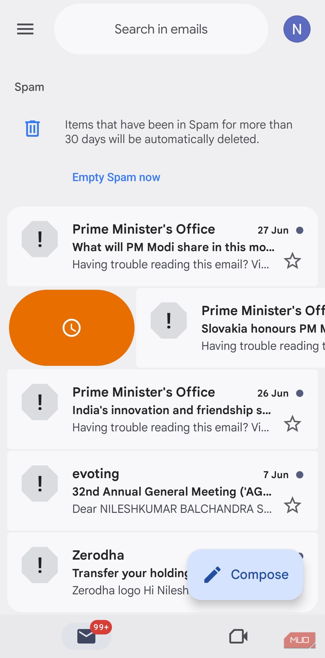 Gmail app swipe gesture on Android phone