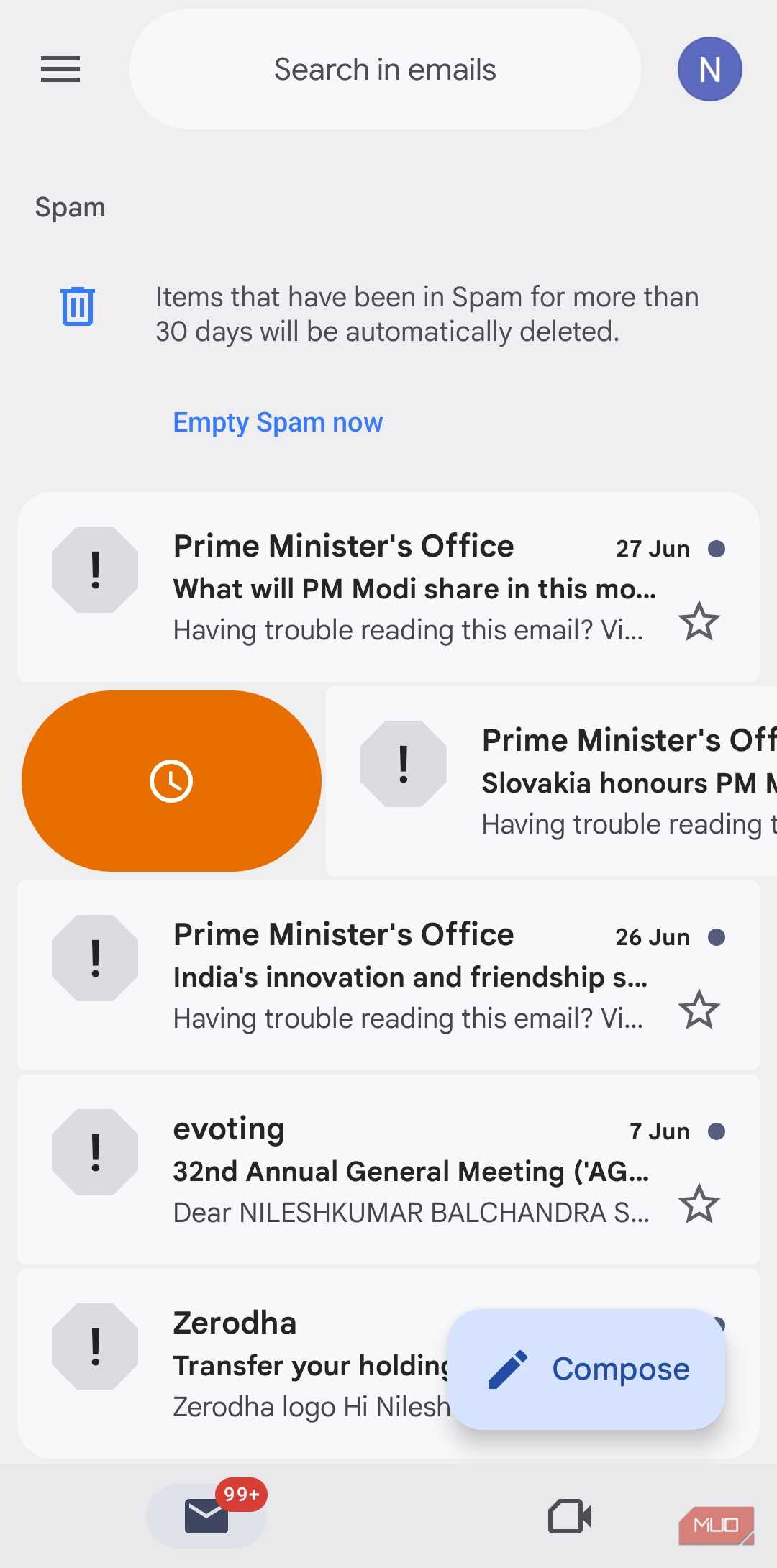 Gmail app swipe gesture on Android phone