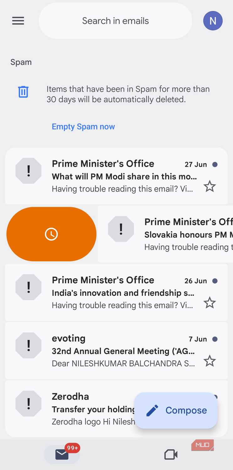 Gmail app swipe gesture on Android phone