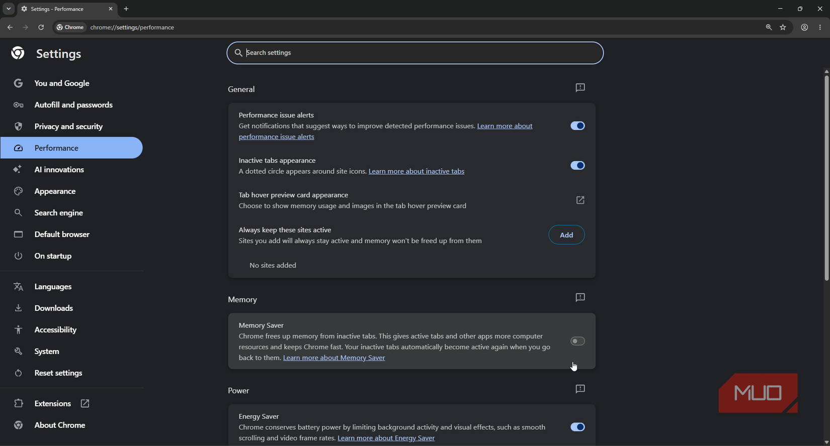 Google Chrome's settings and performance page showing memory saver feature toggle