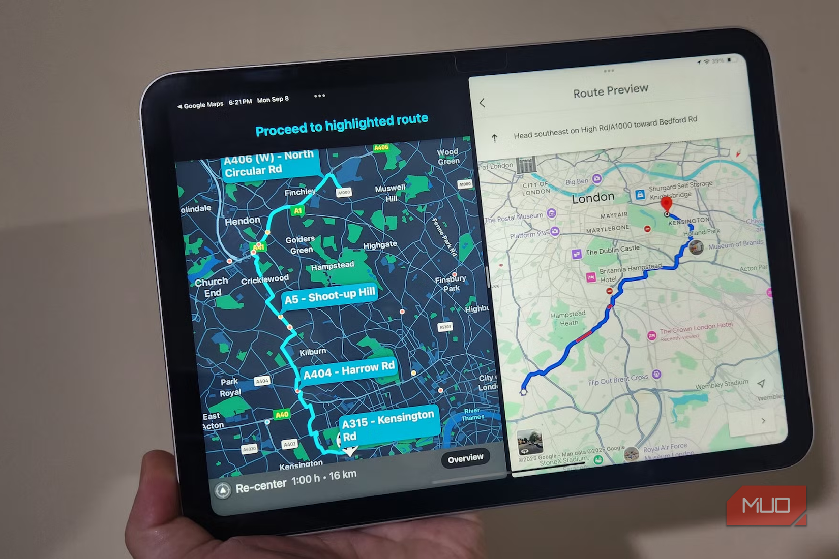 Google Maps and Waze route previews on tablet.