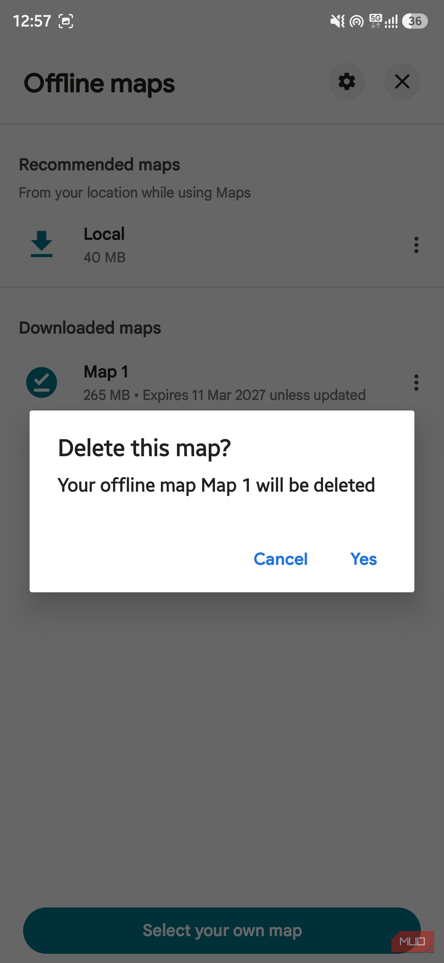 Google Maps delete confirmation dialog for an offline map named Map 1