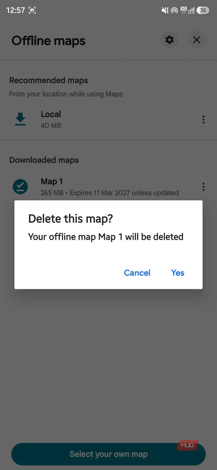 Google Maps delete confirmation dialog for an offline map named Map 1