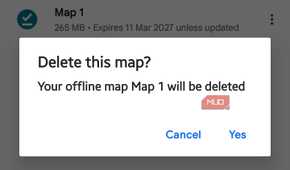 Google Maps delete confirmation dialog for an offline map named Map 1