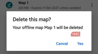 Google Maps delete confirmation dialog for an offline map named Map 1