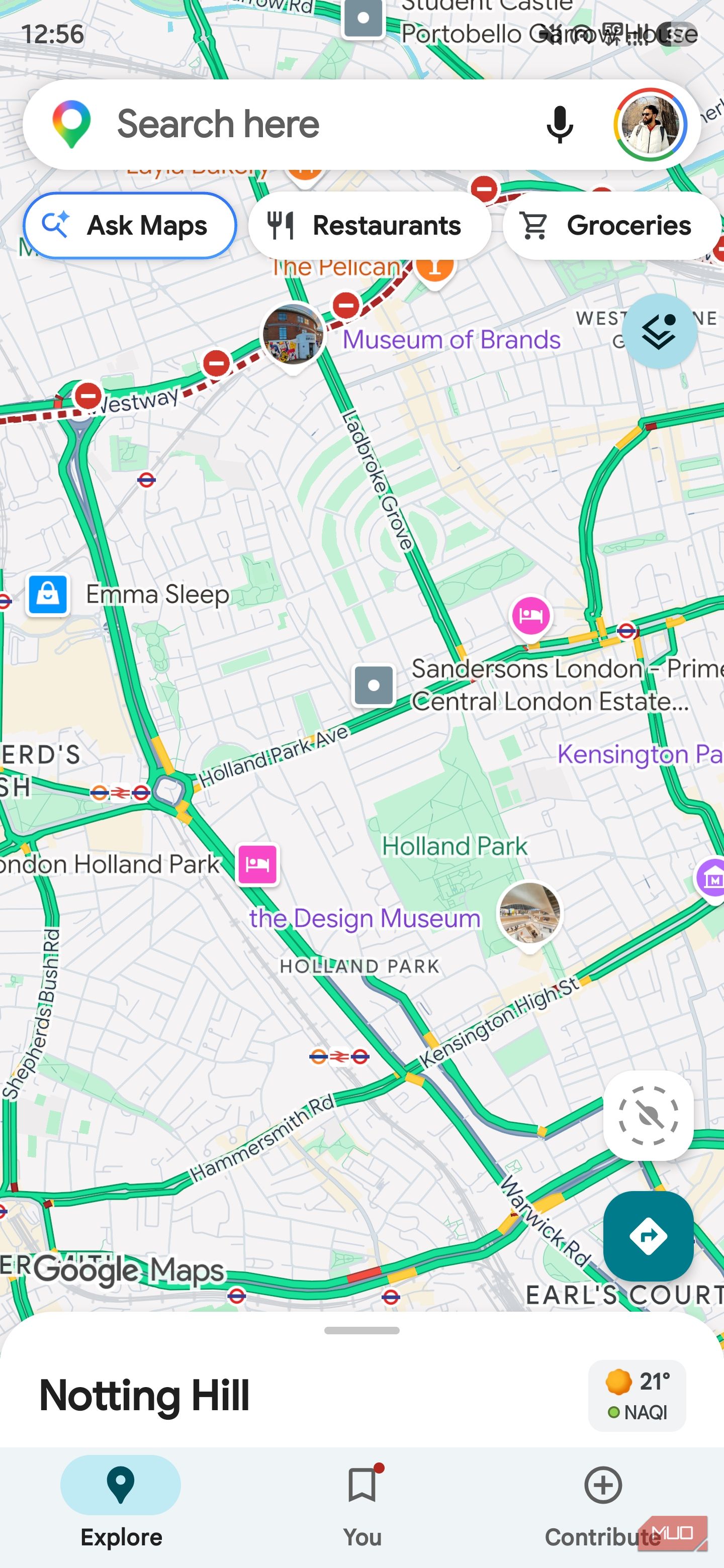 Google Maps home screen showing the Notting Hill area with navigation and search options