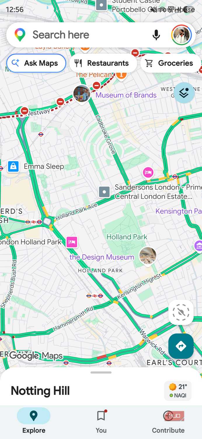 Google Maps home screen showing the Notting Hill area with navigation and search options