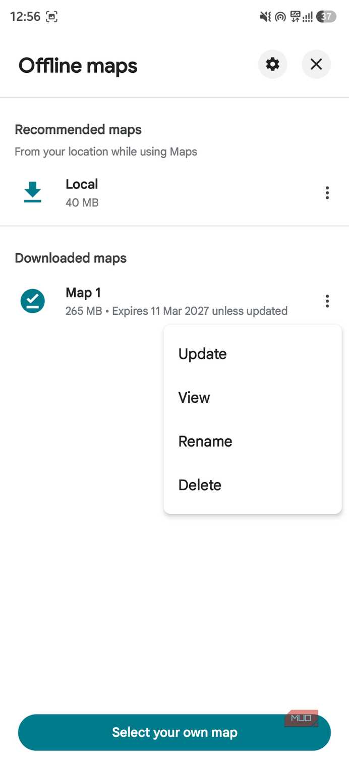 Google Maps Offline maps menu with options to update, view, rename, or delete a downloaded map