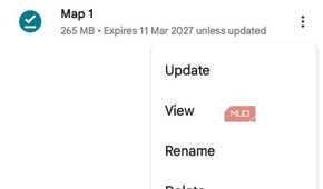 Google Maps Offline maps menu with options to update, view, rename, or delete a downloaded map
