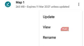 Google Maps Offline maps menu with options to update, view, rename, or delete a downloaded map