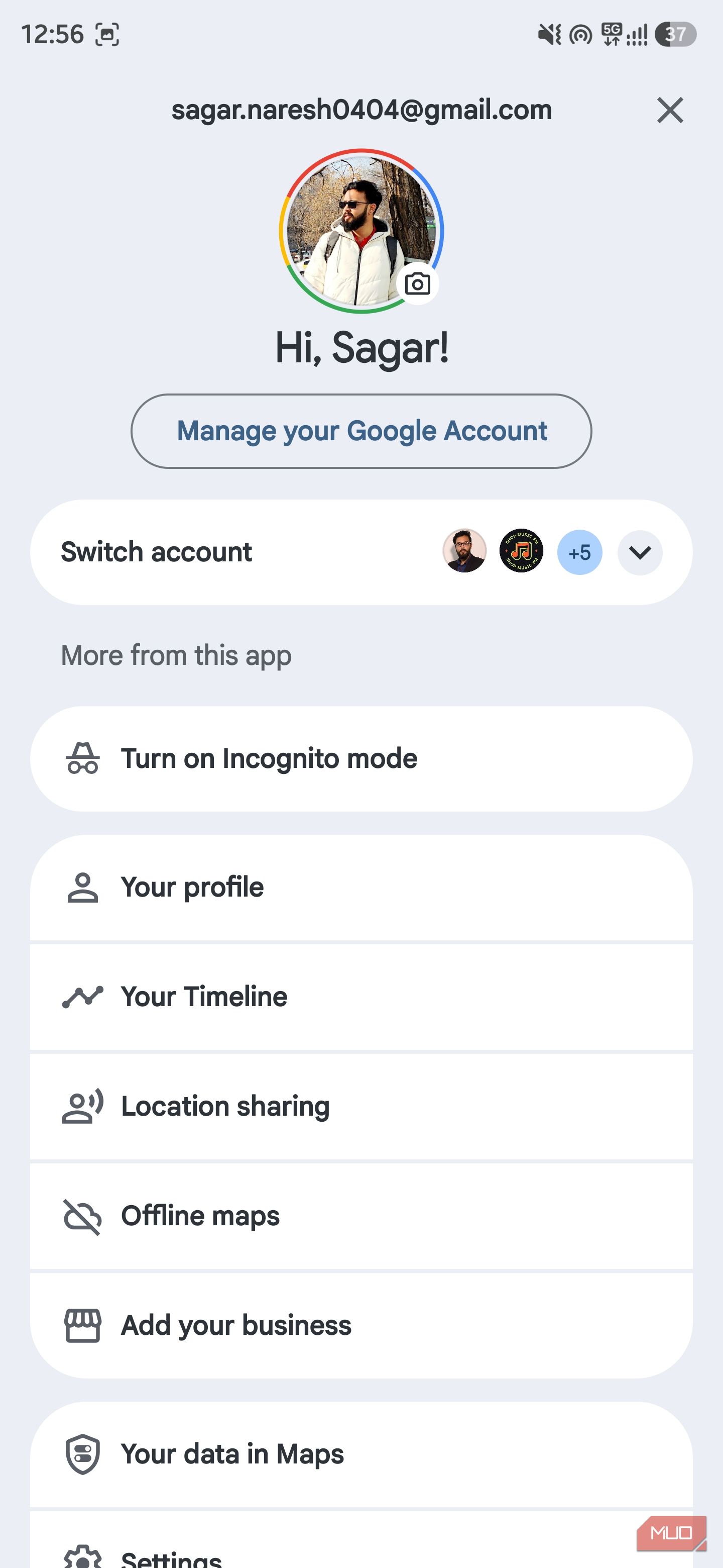 Google Maps account menu showing profile options including Offline maps and Timeline