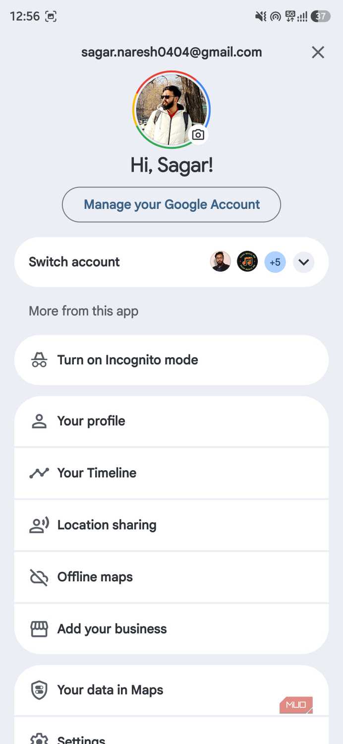 Google Maps account menu showing profile options including Offline maps and Timeline