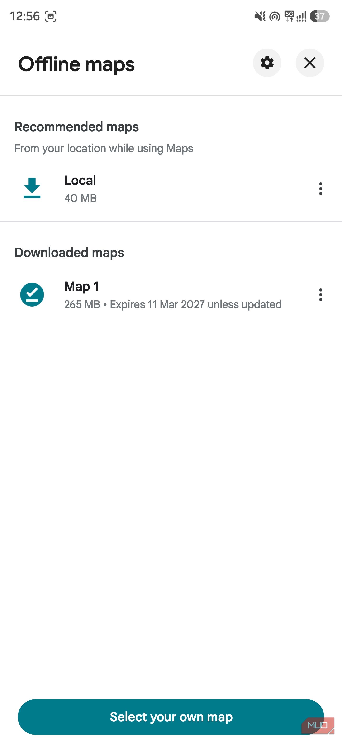 Google Maps Offline maps page showing recommended and downloaded maps