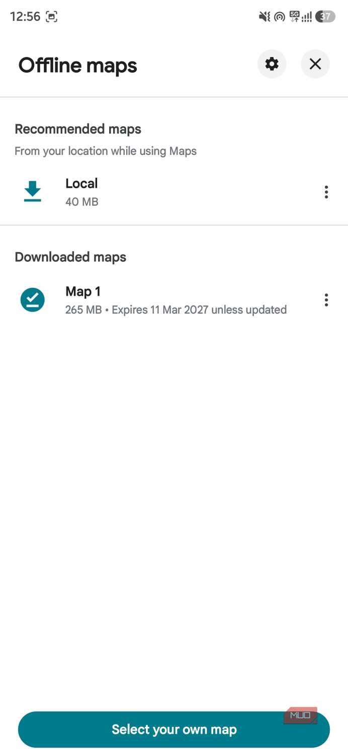 Google Maps Offline maps page showing recommended and downloaded maps
