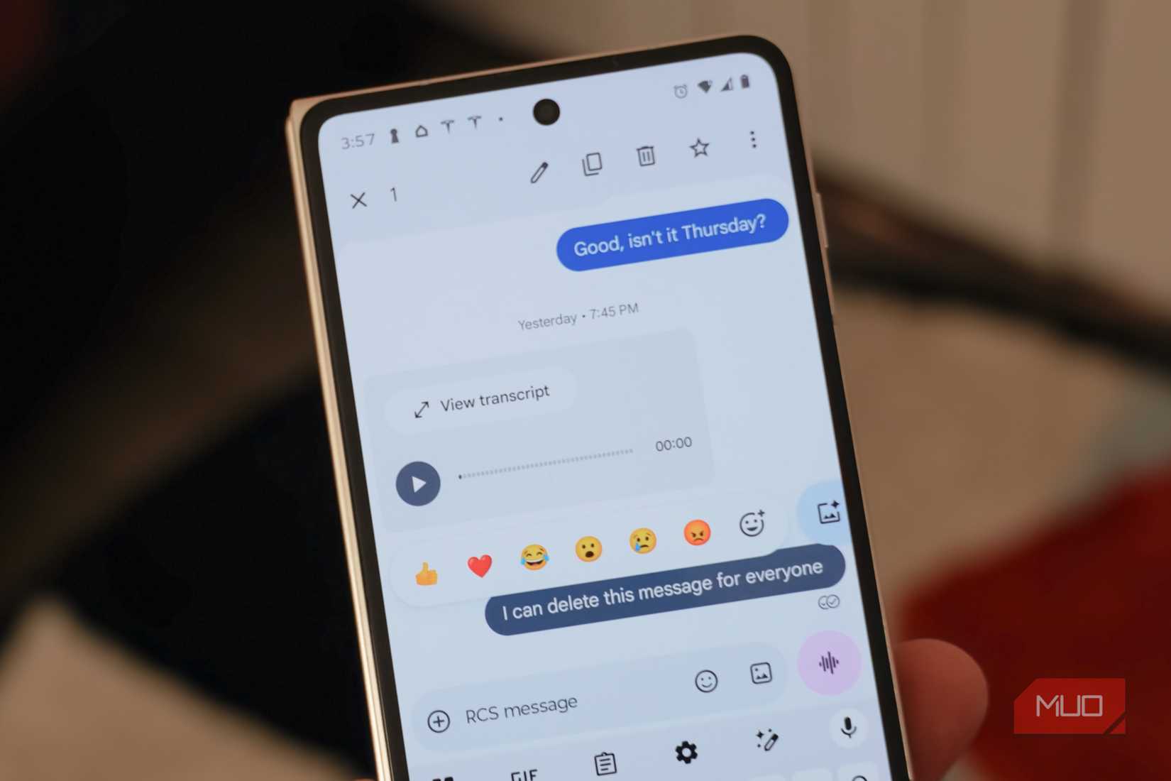 The delete button at the top of the Google Messages app.
