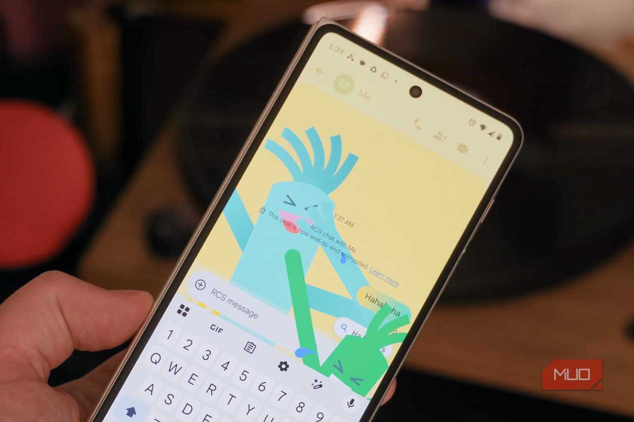 Expressive animations on a Motorola Razr Fold in the Google Messages app.