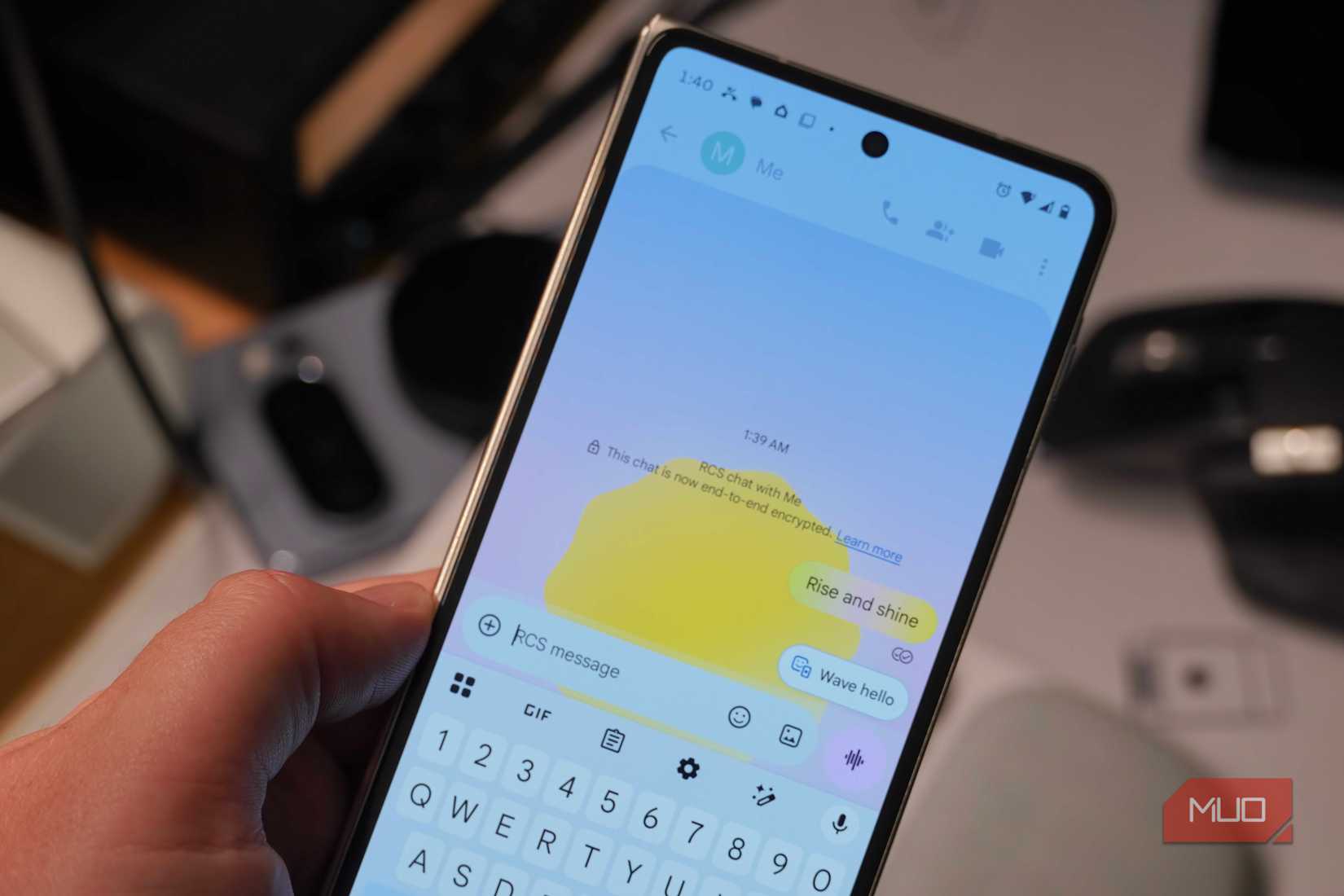 Expressive animations on the Razr Fold in the Google Messages app.