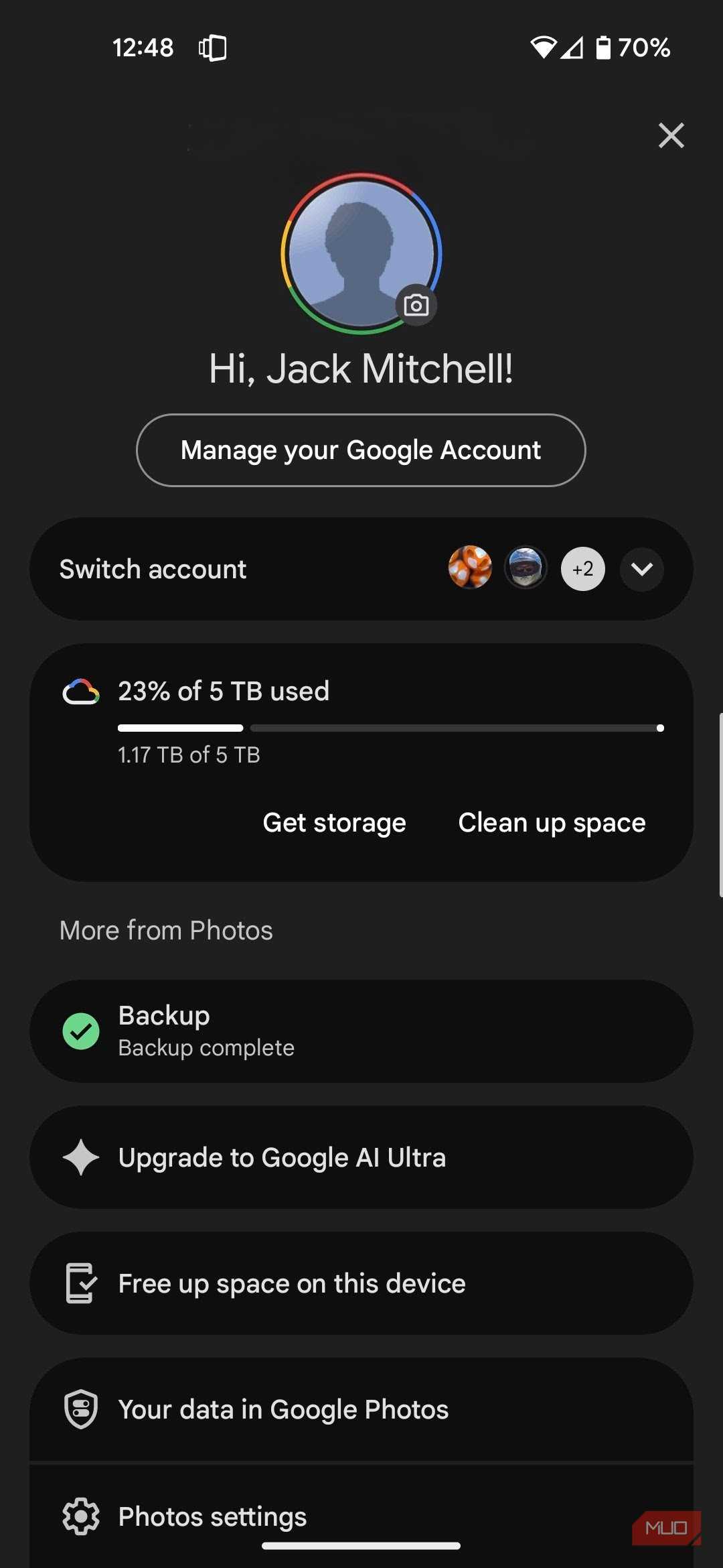 The Google Photos account page.