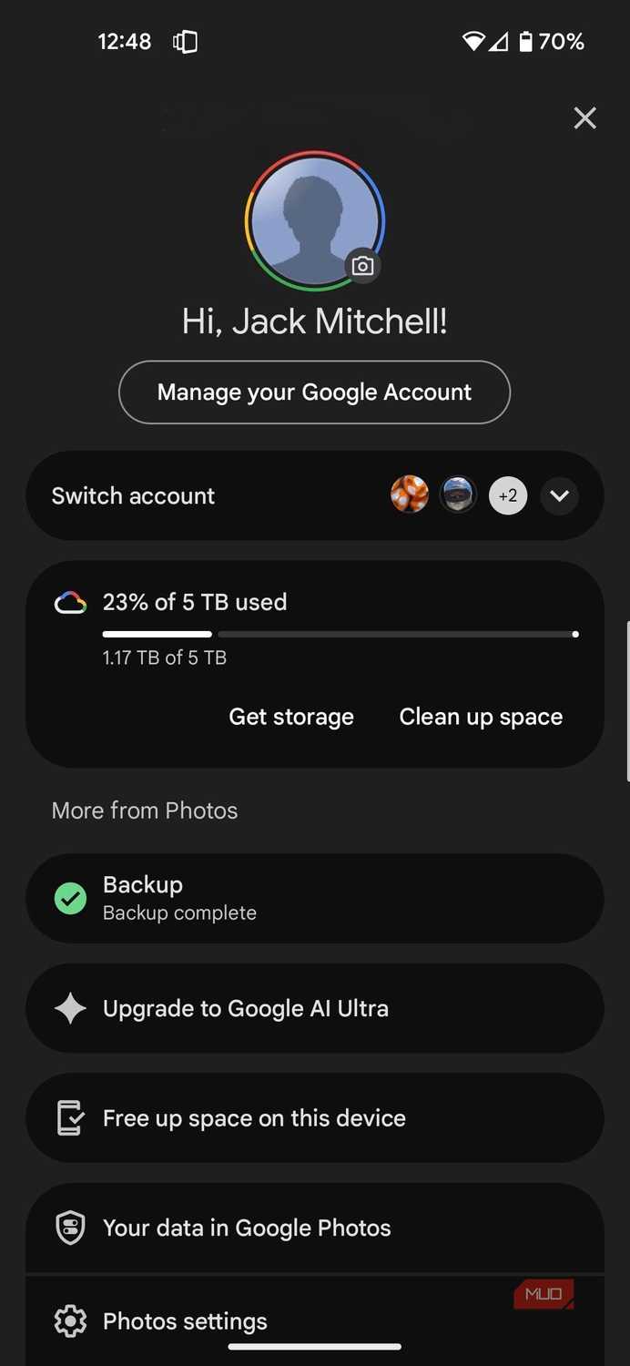 The Google Photos account page.