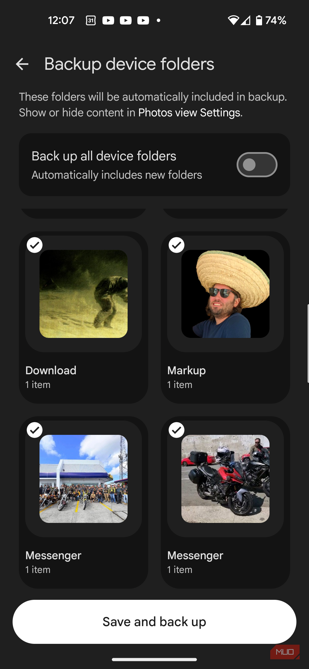 Google Photos with backup folders toggled off.