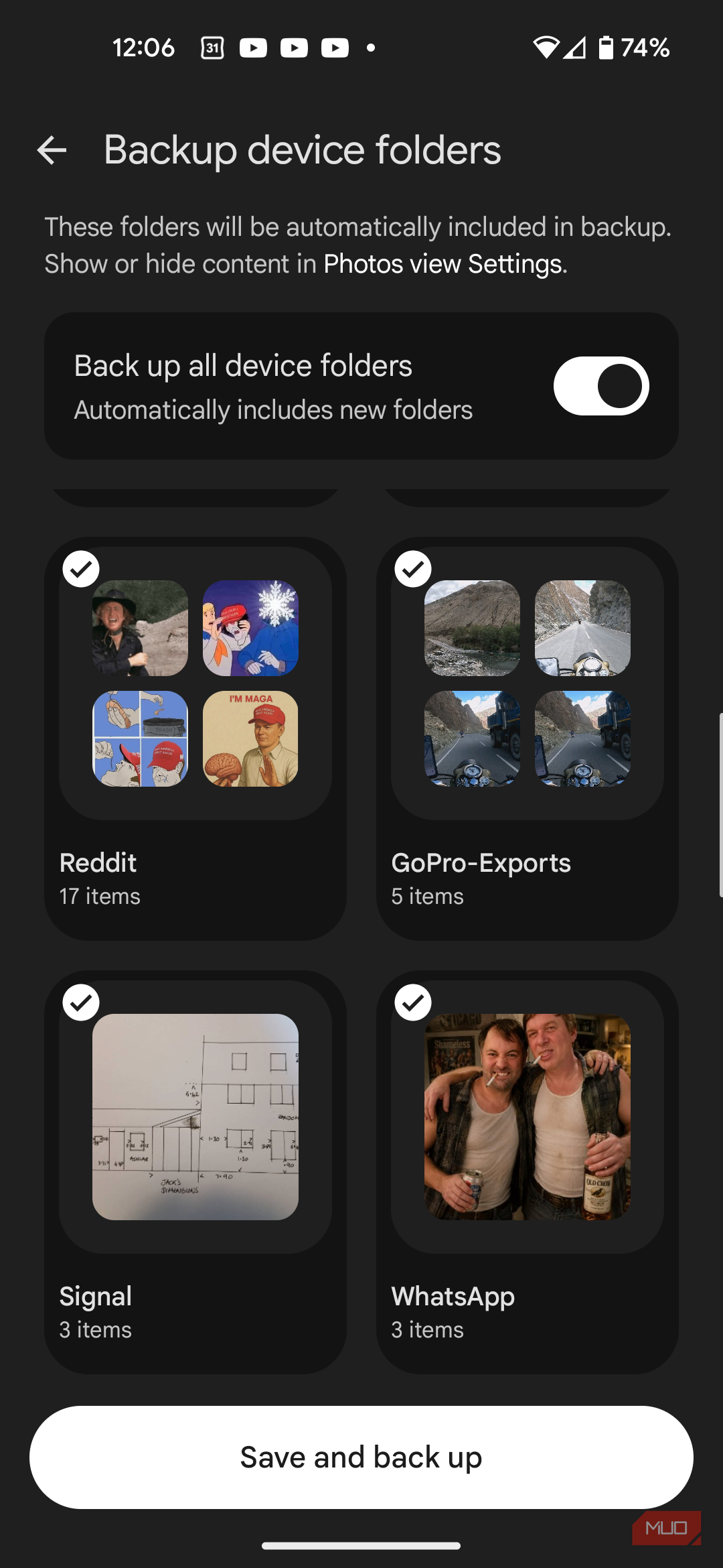 Google Photos with backup folders toggled on.
