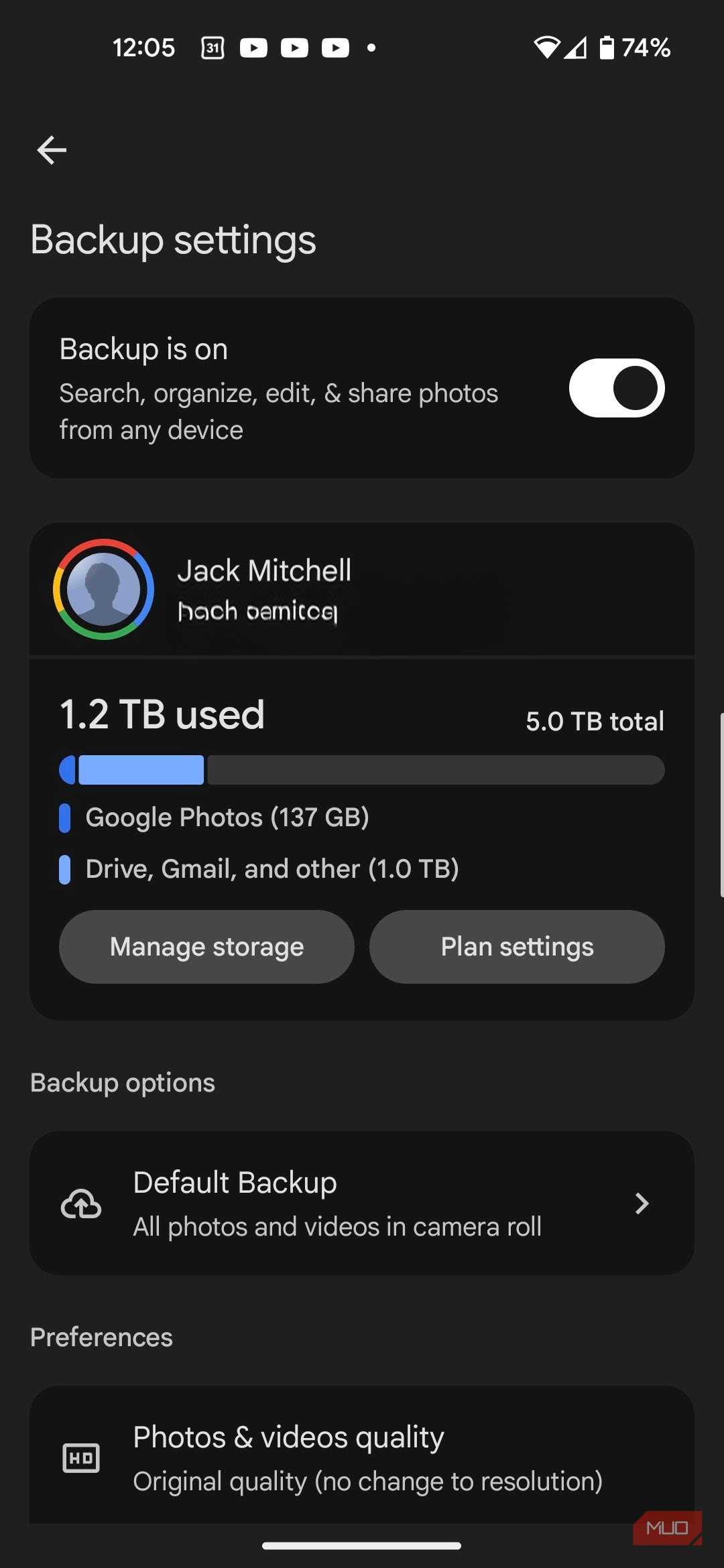 Google Photos backup settings