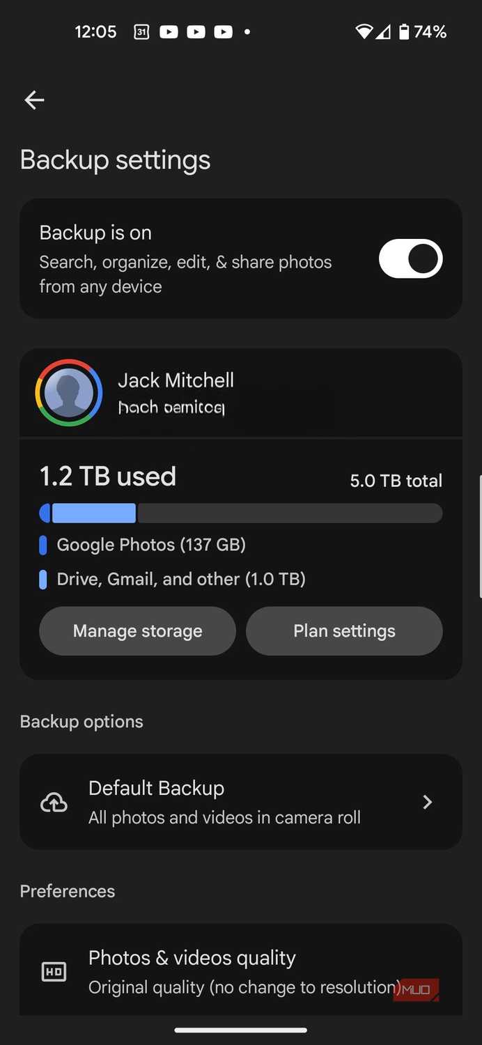 Google Photos backup settings