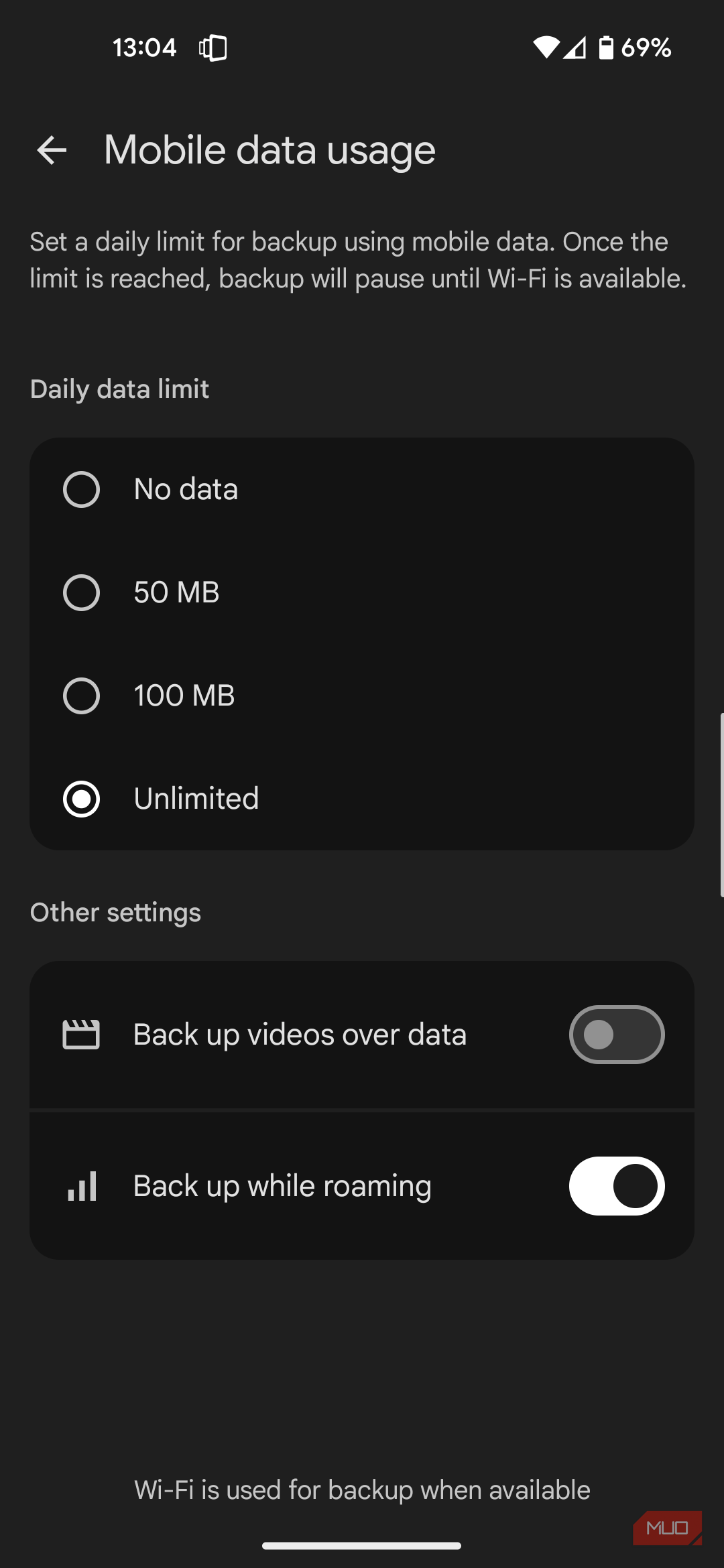 Google Photos with video backups off.