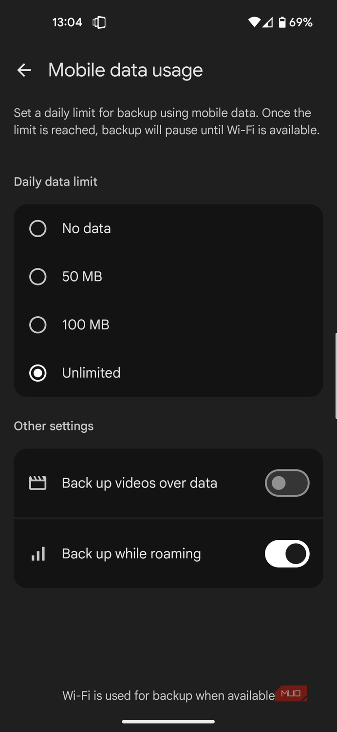 Google Photos with video backups off.