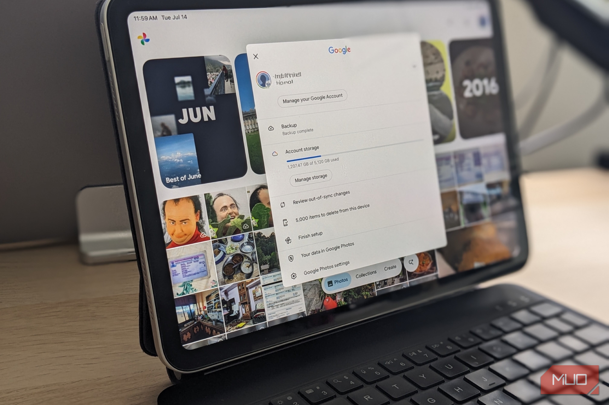 Google Photos with storage settings popup.