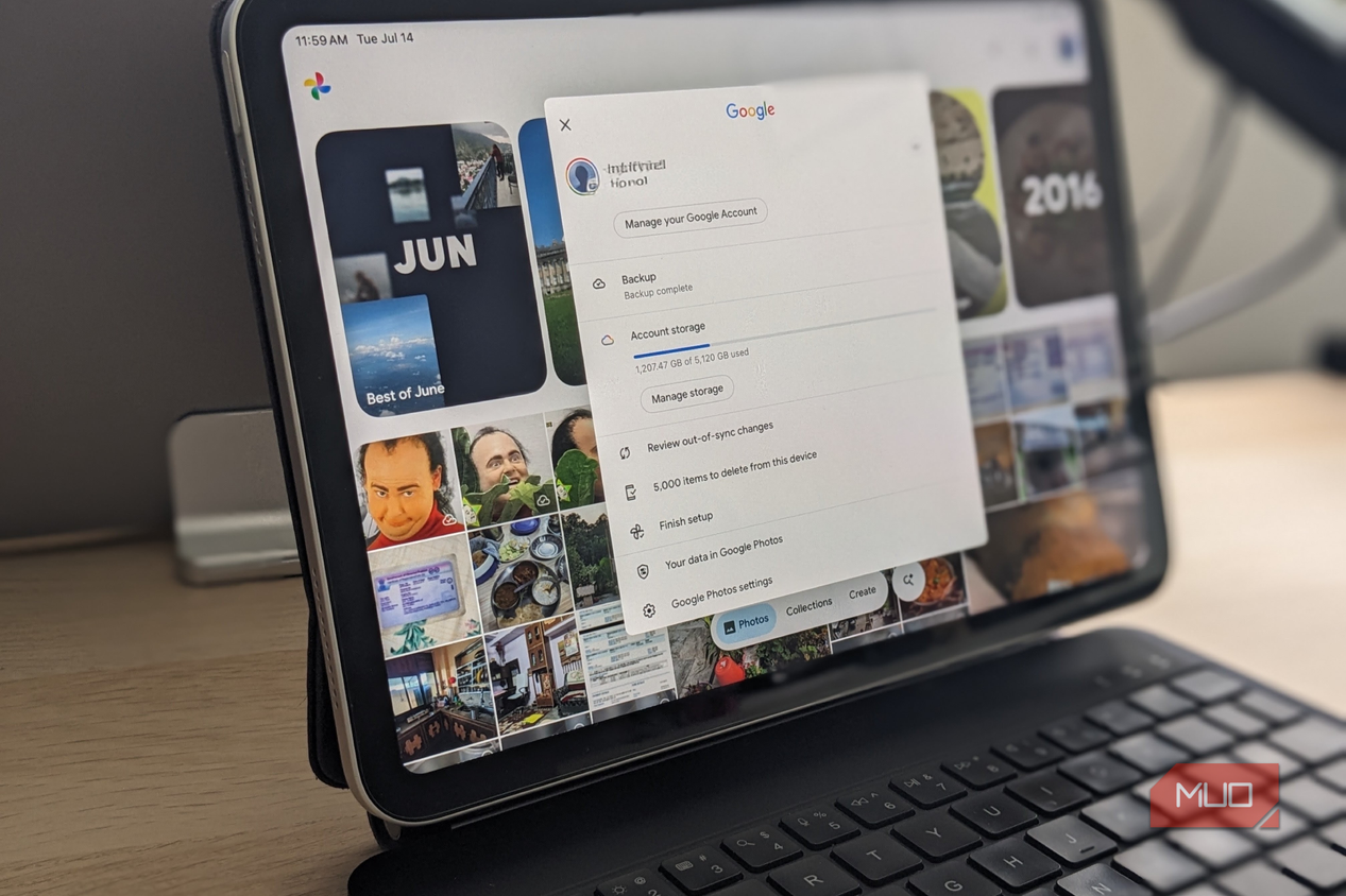 Google Photos with storage settings popup.