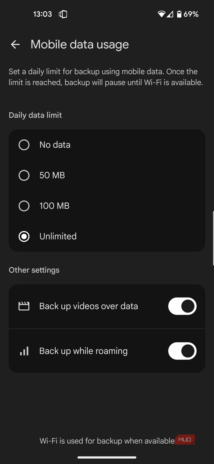 Google Photos mobile data with all backups active