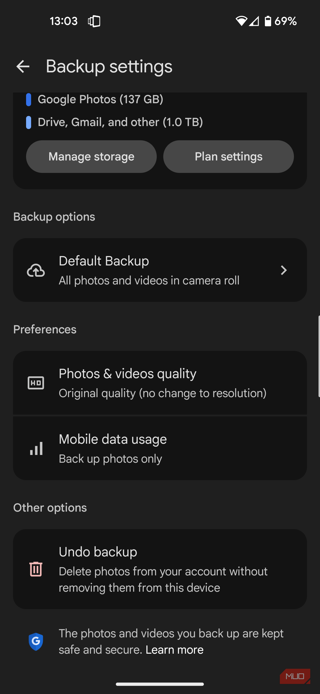 Google Photos mobile data usage options