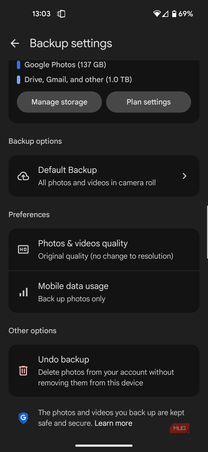 Google Photos mobile data usage options