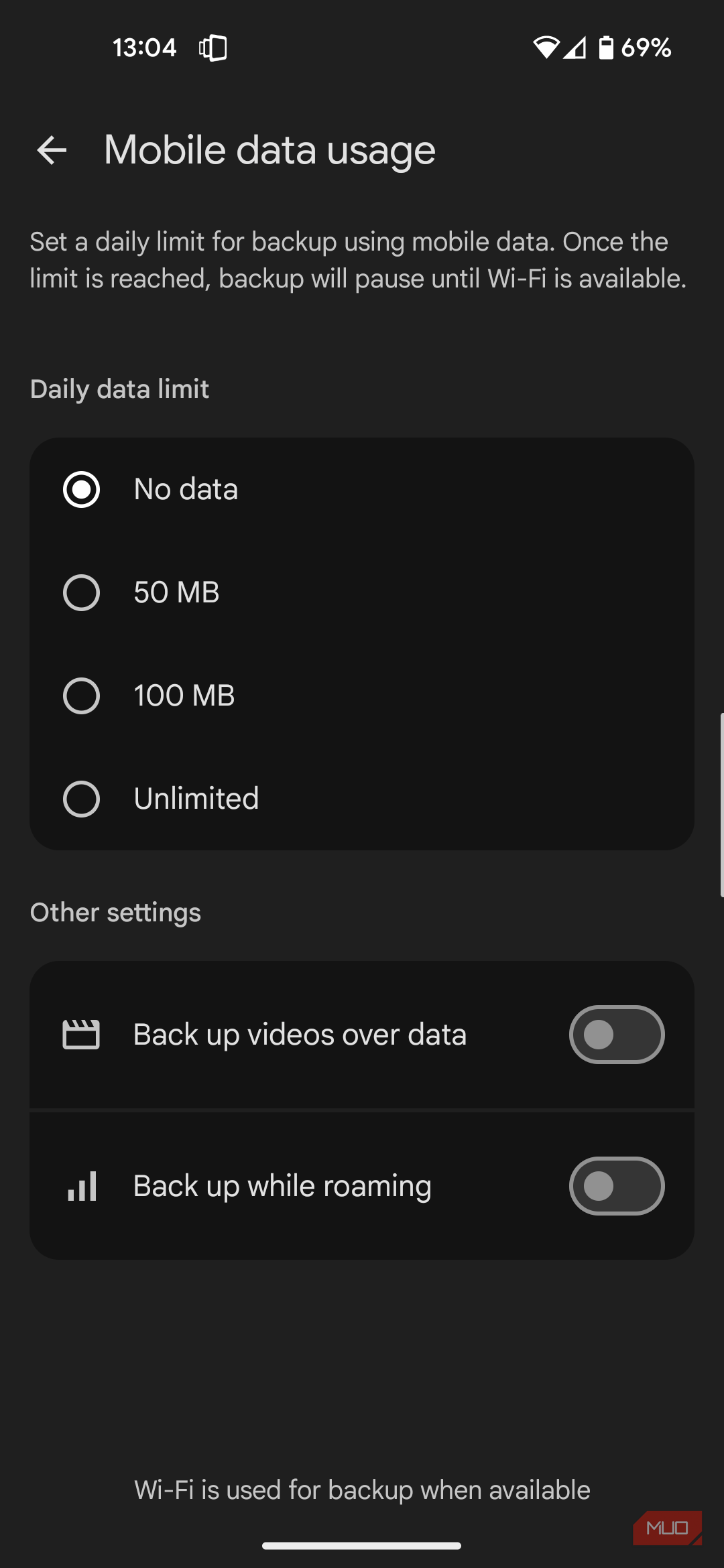 Google Photos with data backups off.
