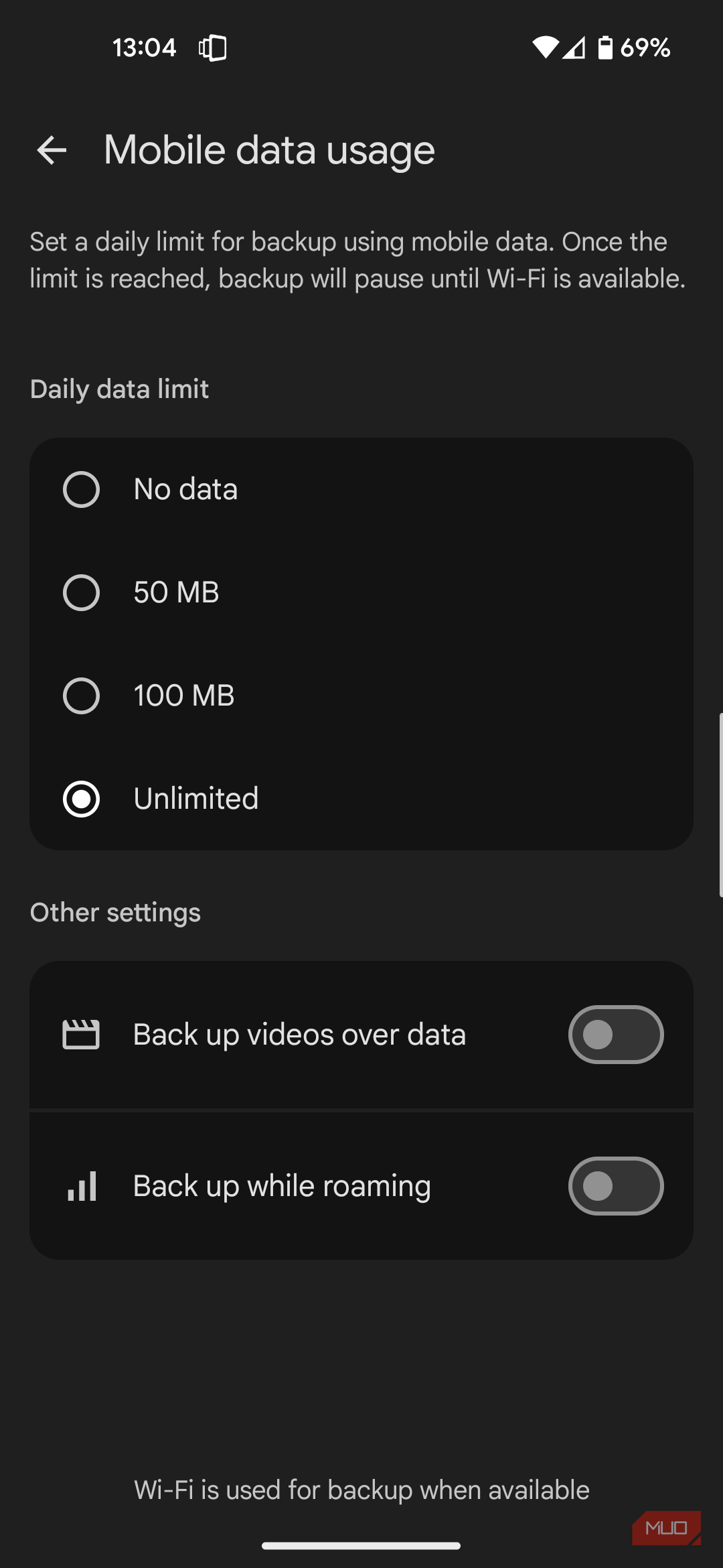 Google Photos with roaming backups off.