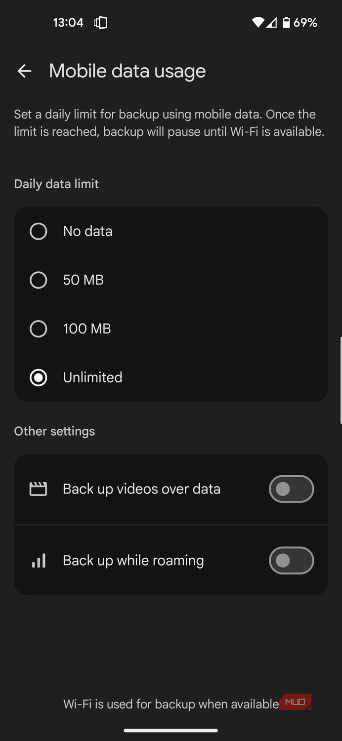 Google Photos with roaming backups off.