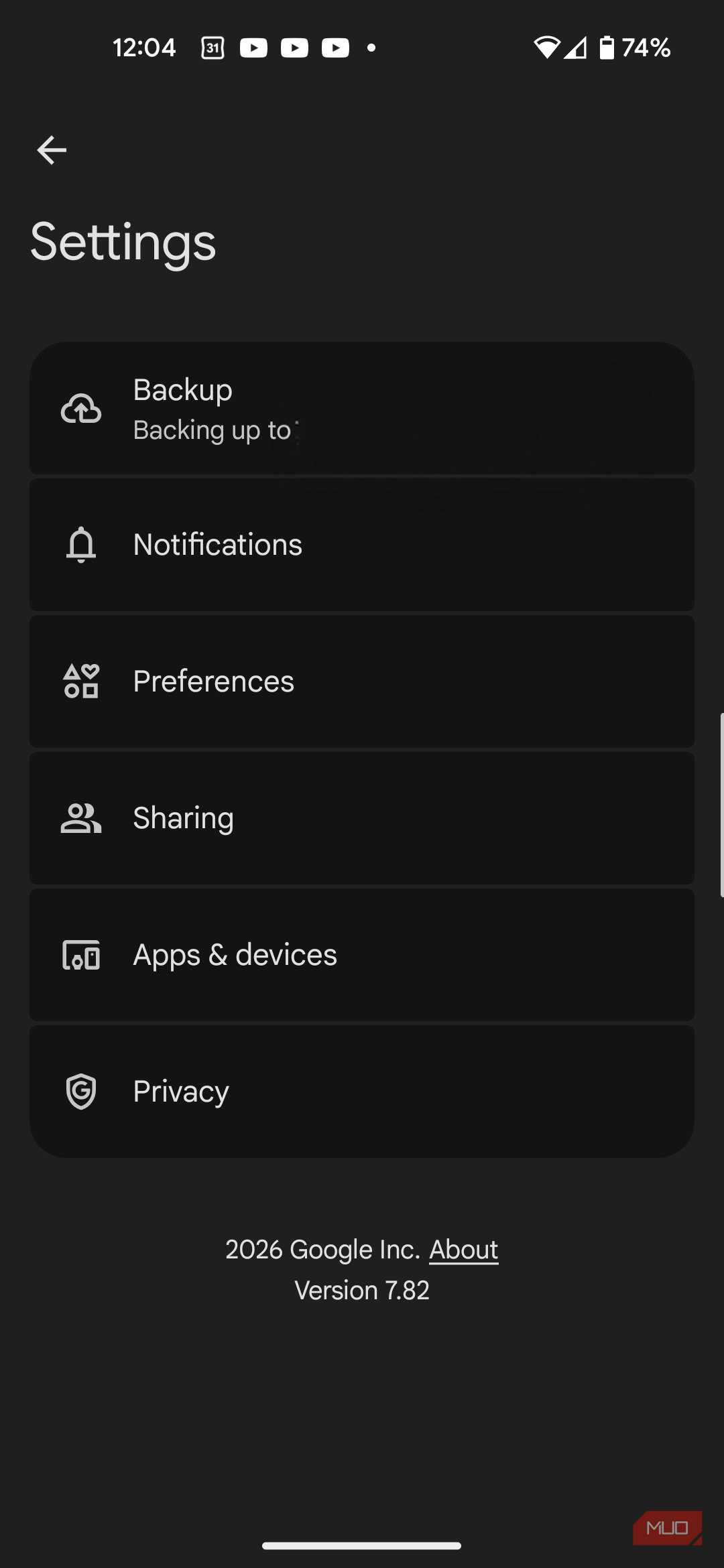 Google Photos settings