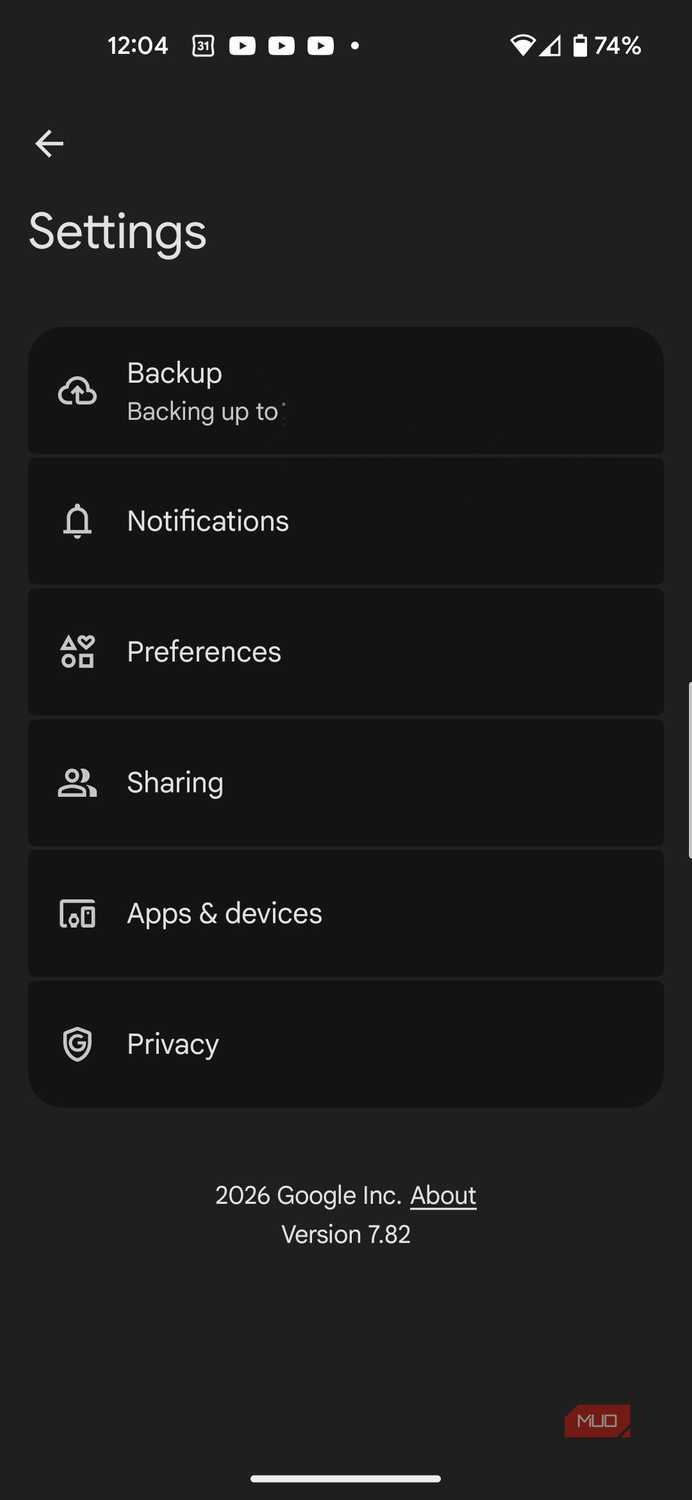 Google Photos settings