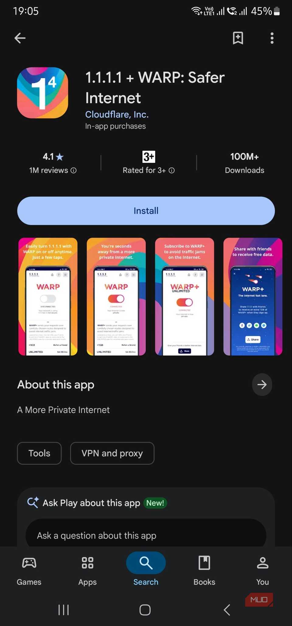 Google Play store and Cloudflare 1.1.1.1 WARP application