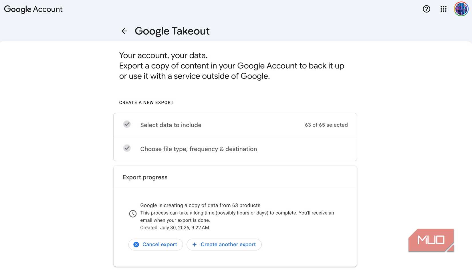 A screenshot of Google Takeout processing files.