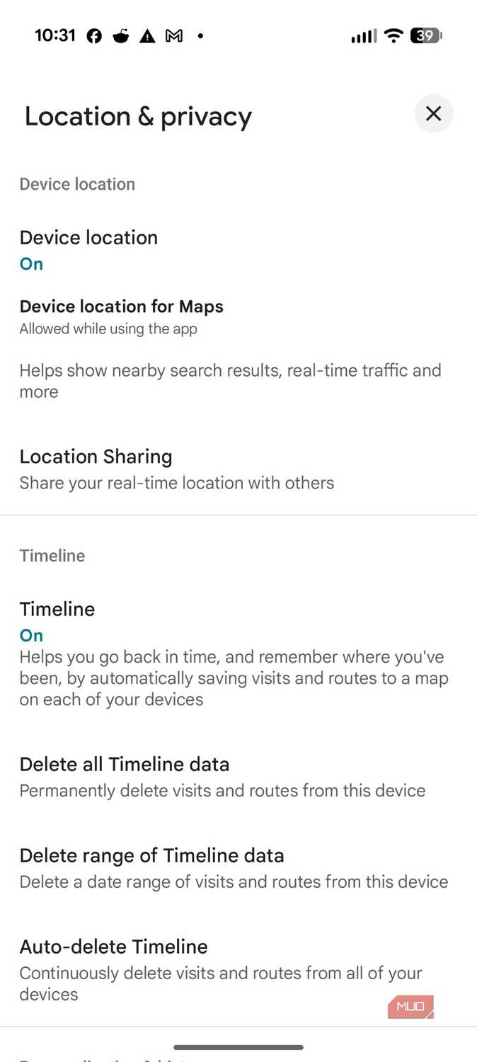 Screenshot of Google's Timeline settings.