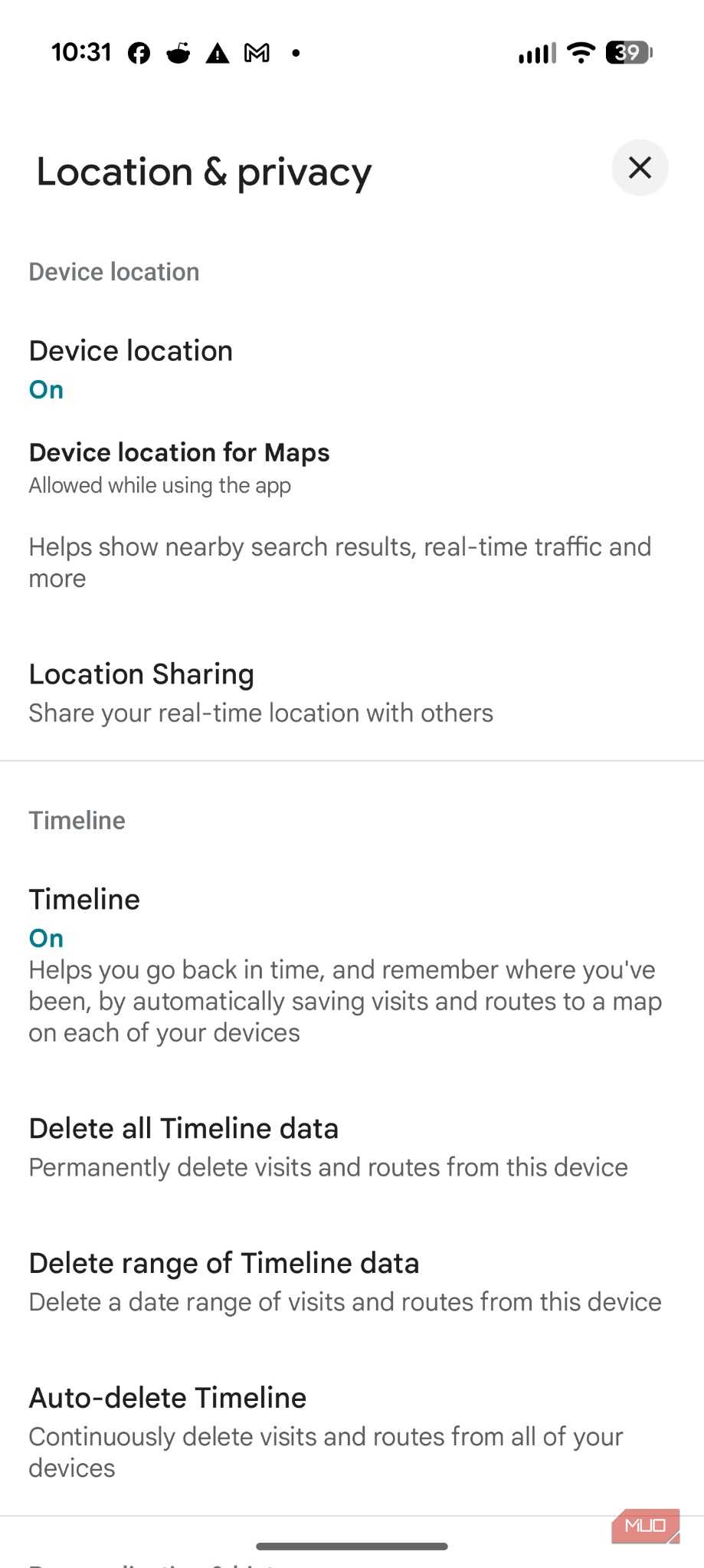 Screenshot of Google's Timeline settings.