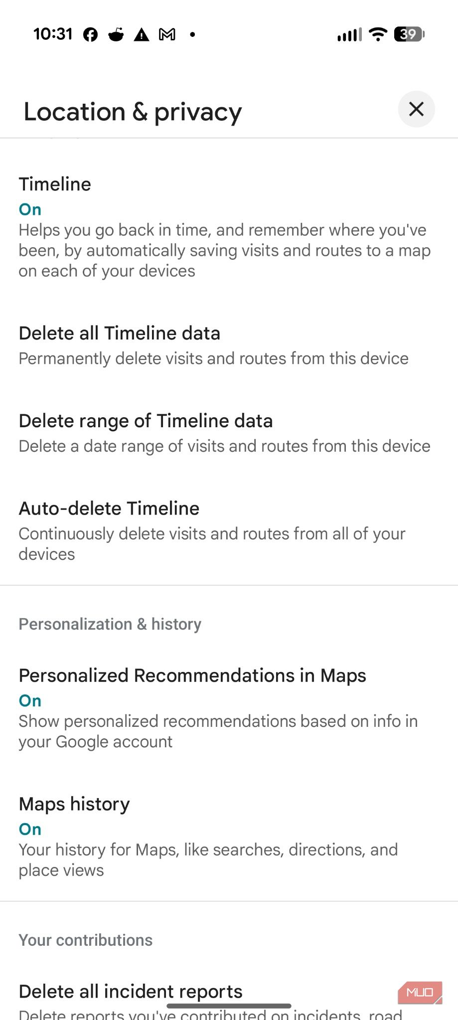 Screenshot of Google's Timeline settings.